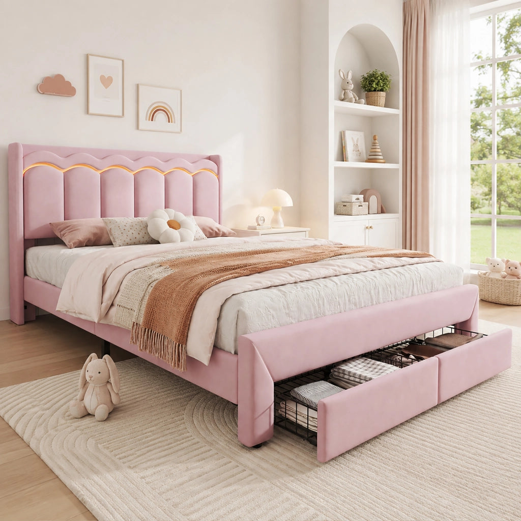 Letto imbottito per bambini 140 ¡Á 200 cm in velluto rosa con 2 cassetti e LED controllata tramite app