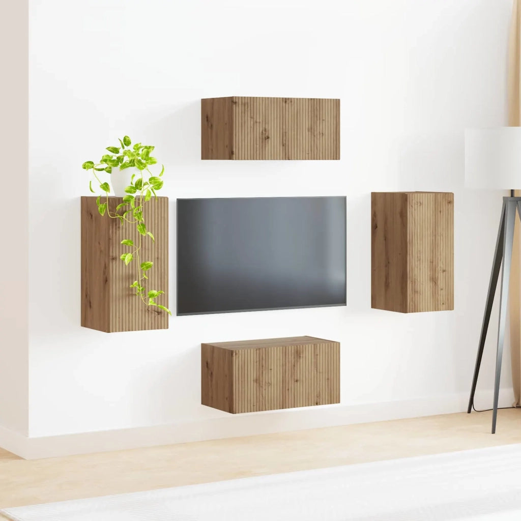 Set mobile TV 4 pz-Credenza per TV Rovere artigianale Legno multistrato 200321