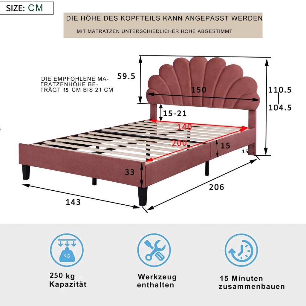 Letto Matrimoniale 140×200 cm; Letto Imbottito con Testiera Floreale; senza Materasso; Velluto Rosso