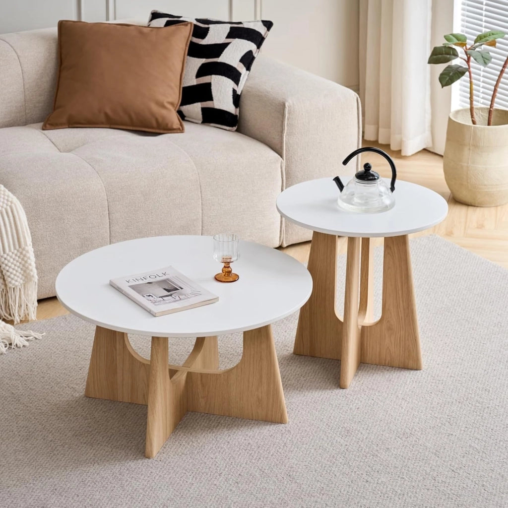 GrandCA HOME Set di 2 Tavolino Rotondo da Caffè, Tavolino da Soggiorno in Stile Minimalista Moderno, Materiale in Fibra di Legno a Media Densità, Adatto per Soggiorno, Camera da Letto - Bianco