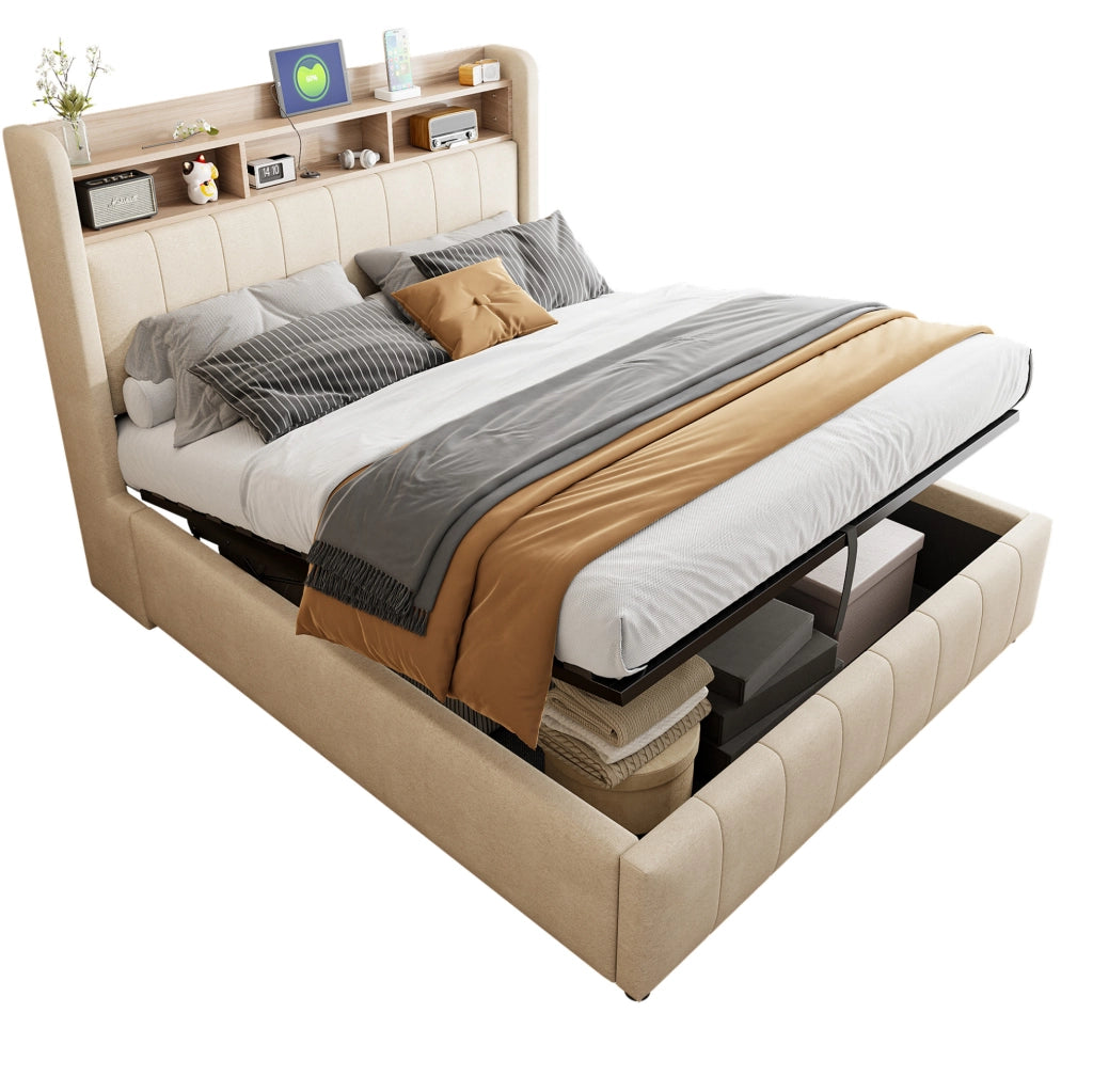 Letto matrimoniale imbottito 140x200 cm con LED; USB e contenitore idraulico; beige