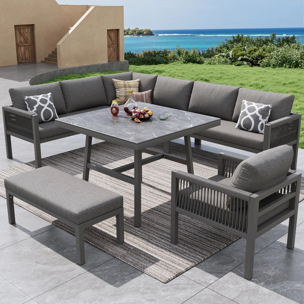 Salotto da Giardino con 3 Divani 2 Posti; 1 Divano Angolare; 1 Poltrona; 1 Panca e 1 Tavolino; per 8 persone; Ferro; Grigio