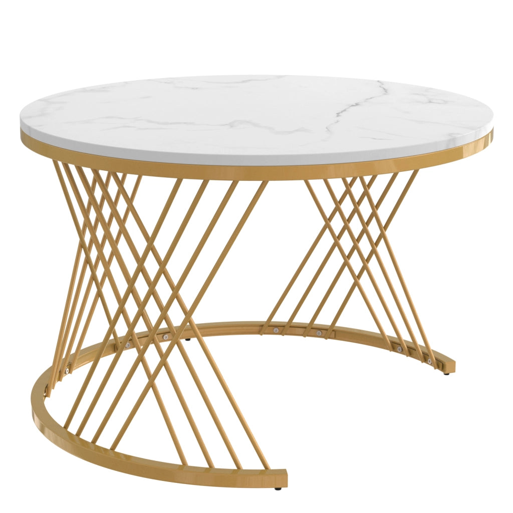 Set di 2 tavolini rotondi 70x70x45.5 cm e 50x50x38.5 cm; piano effetto marmo; MDF bianco