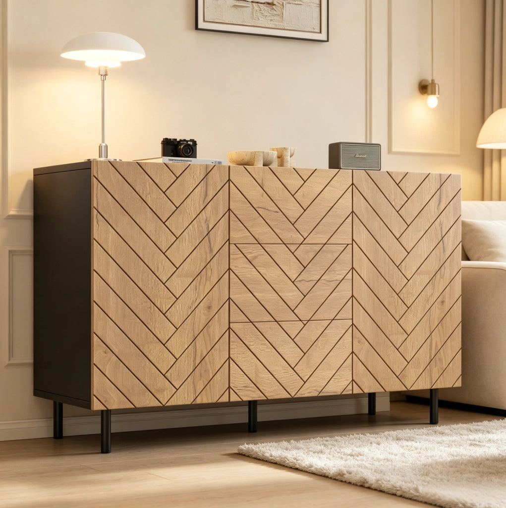 Credenza moderna 120x40x76 cm con 3 cassetti e 2 ante, legno e nero