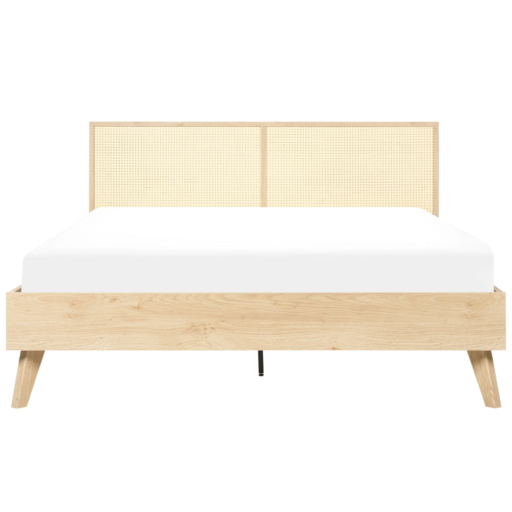 Letto matrimoniale  in legno di pioppo con testiera in vimini 160 x 200 cm camera da letto moderna boho minimalista