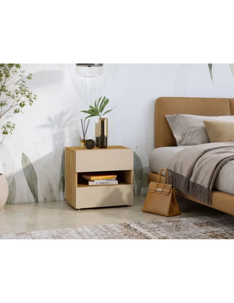 Comodino VOX con 2 cassetti e uno scomparto, colore quercia e beige