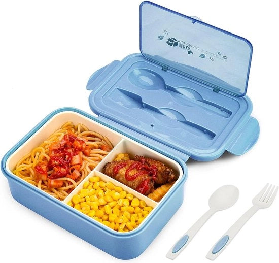 Borsa per pasti, contenitore bento, contenitore per pane con 3 scomparti e posate, impermeabile, contenitore per pane, frigorifero, lavastoviglie, microonde, contenitori per pane per scuola, lavoro, picnic, viaggi (blu)