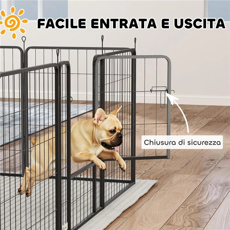 RECINTO PER CANI A 12 PANNELLI MODULABILI DA 68X1.5X80CM IN ACCIAIO NERO CON PORTA DI INGRESSO