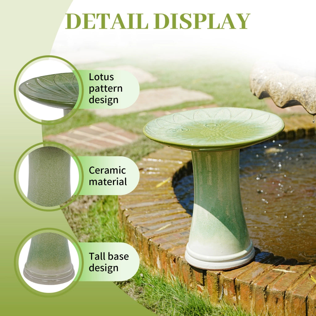 Fontana da giardino per uccelli con ciotola rialzata decorata a rilievo smaltata in ceramica verde Ø43 × 45 cm
