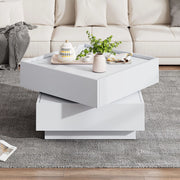 Tavolino basso con piano girevole a 360° e 2 cassetti per soggiorno, in pannello truciolare bianco, 60 × 60 × 38 cm
