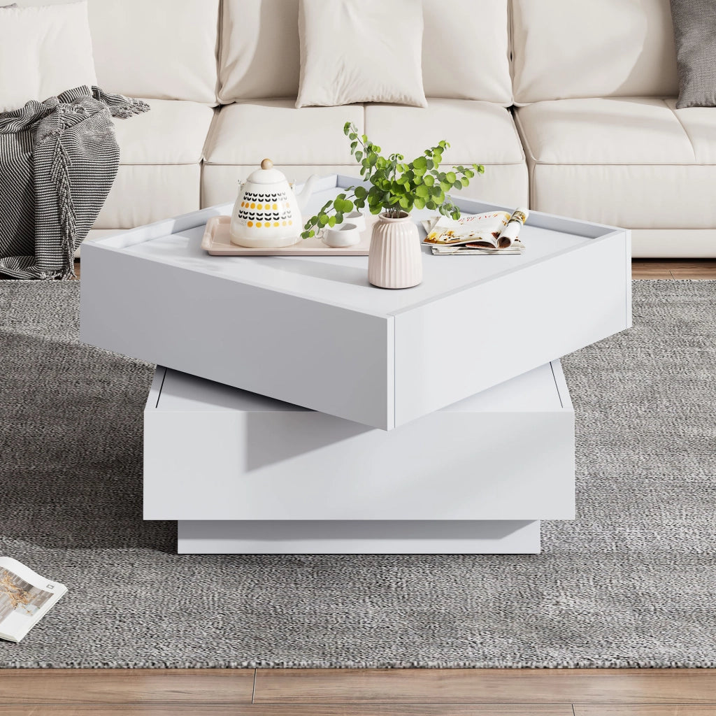 Tavolino basso con piano girevole a 360° e 2 cassetti per soggiorno, in pannello truciolare bianco, 60 × 60 × 38 cm