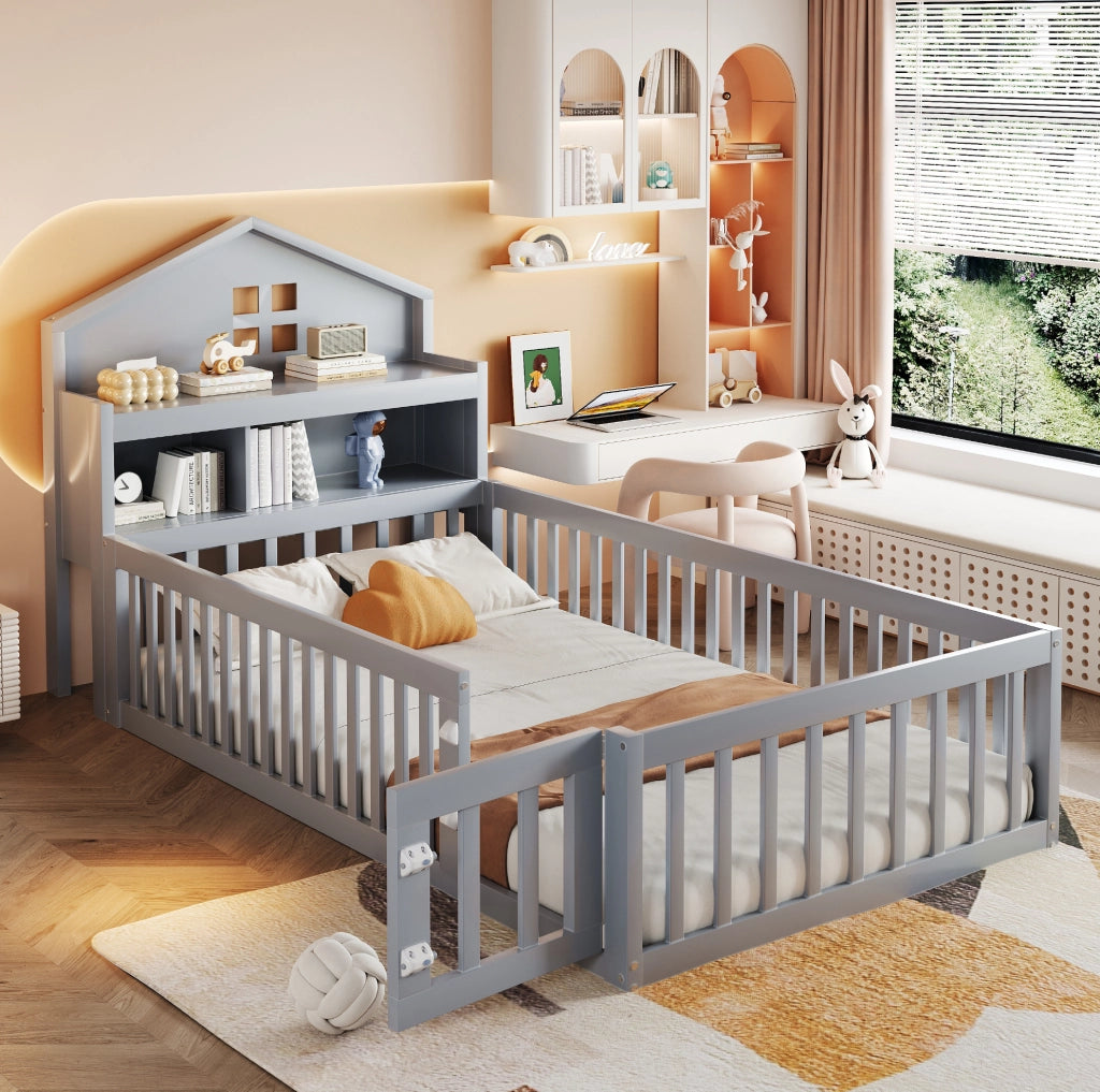 Letto a pavimento per bambini 90x200 cm grigio con lavagna, ripiani e barriera