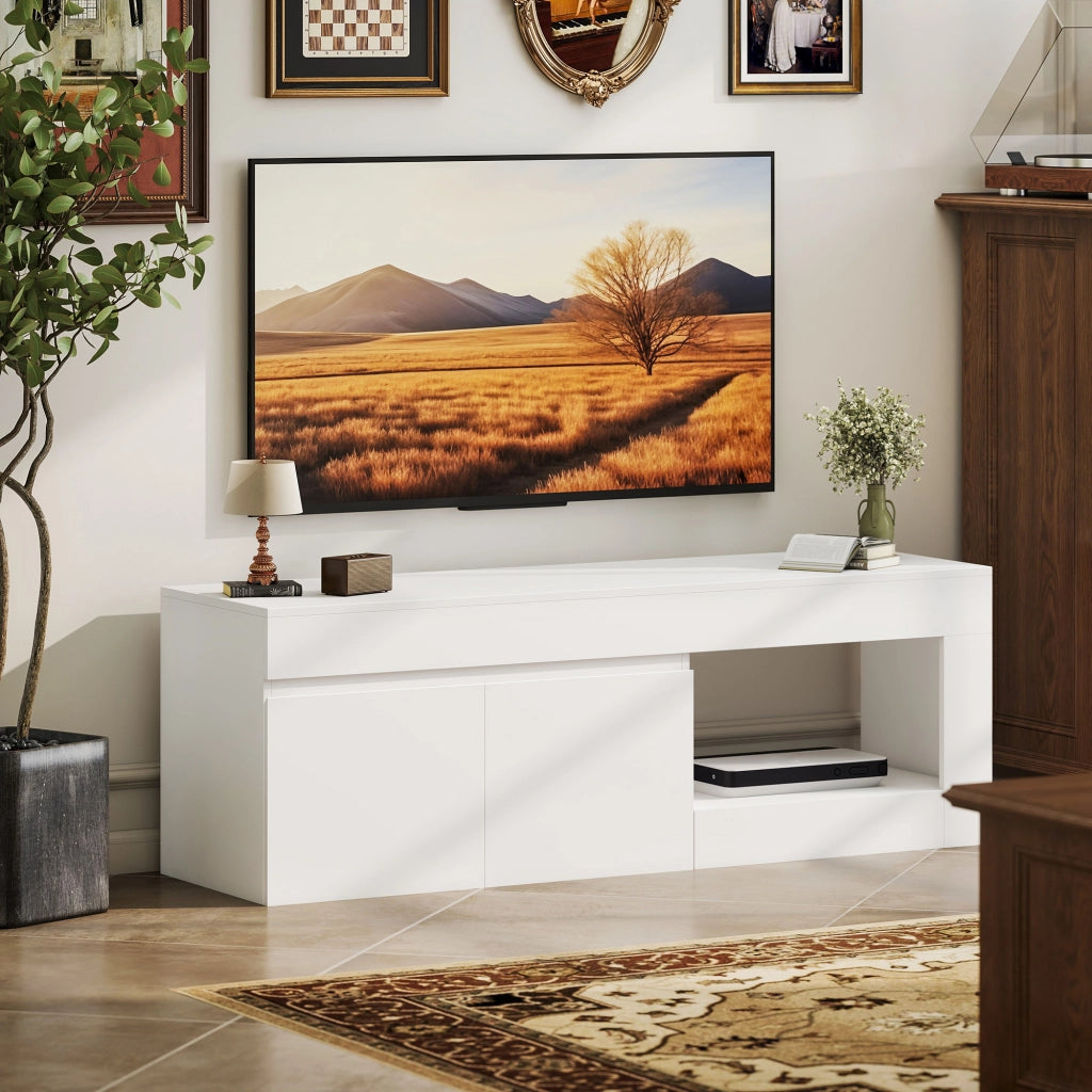 Mobile TV Moderno per Soggiorno con 2 Ante e Ripiani Aperti per Televisione 60 Pollici ¨C Minimal ¨C Bianco 140x40x48 cm