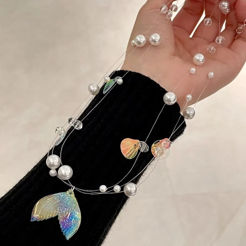 Collana di perline fatta a mano con motivo a dopamina: conchiglia, cristallo e perla