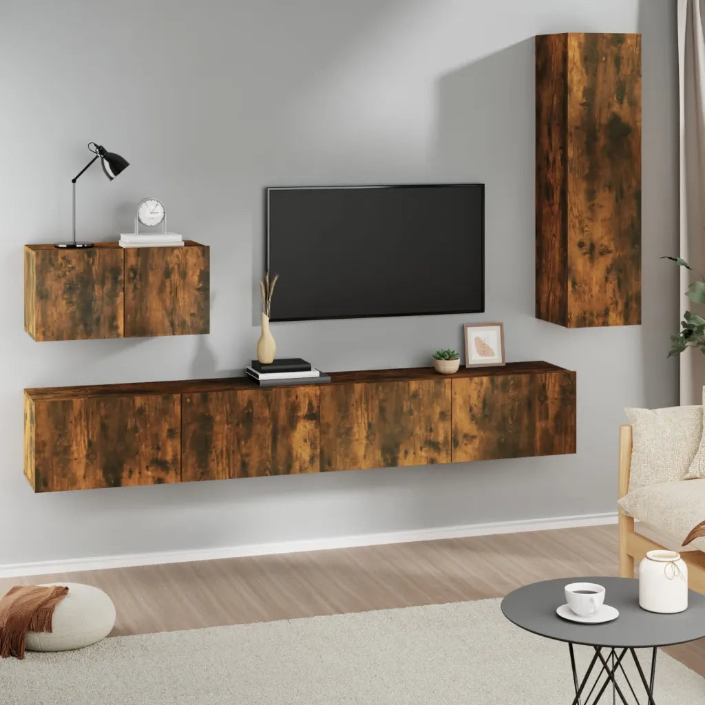 Set di Mobili Porta TV 4 pz | Armadietto TV | Mobile Porta TV Rovere Fumo in Legno Multistrato