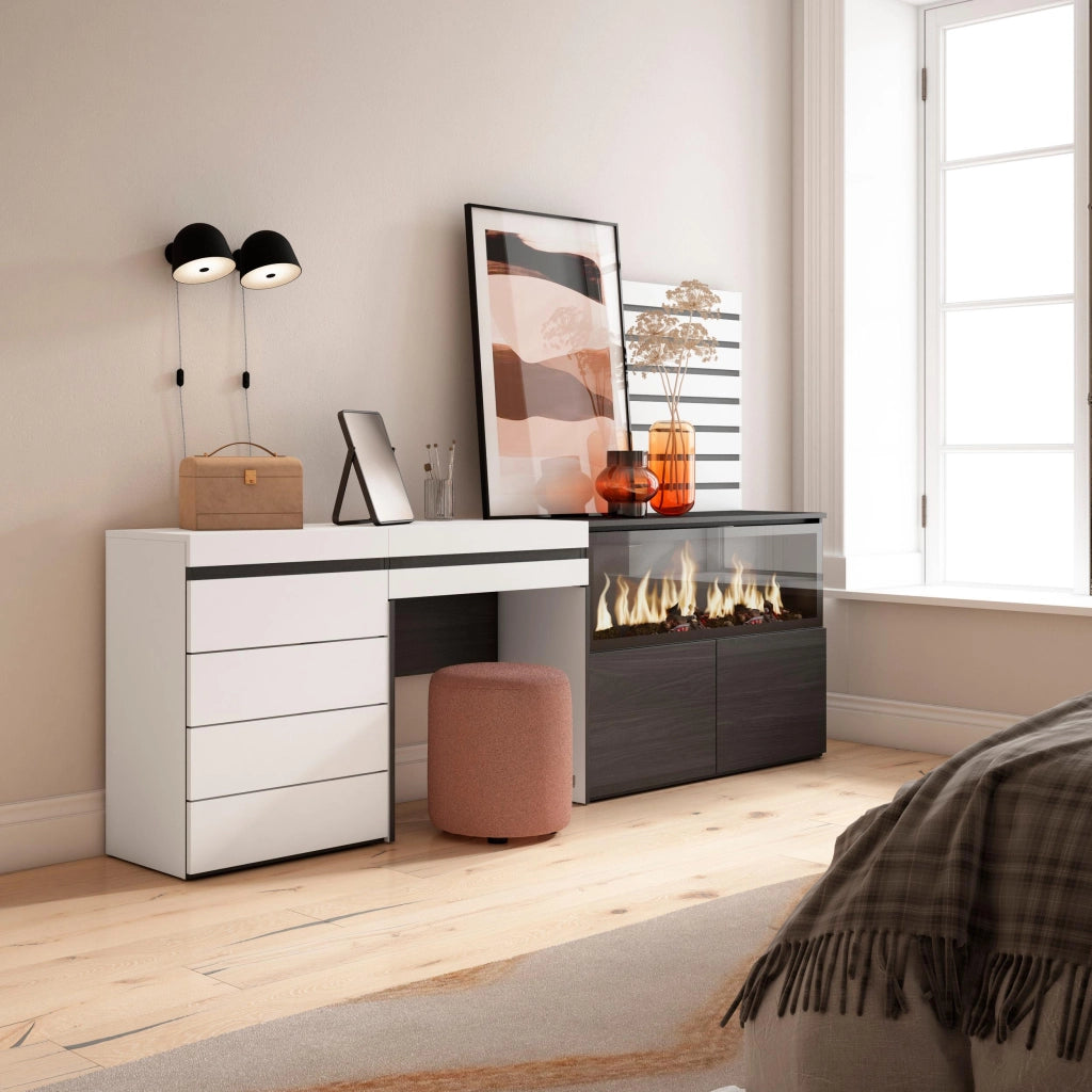 Tavolo da toeletta, 234x35x145cm, Con cassetto, Camino elettrico XXL, Cassettiera, Pannelli Decorativi, Bianco RF3460