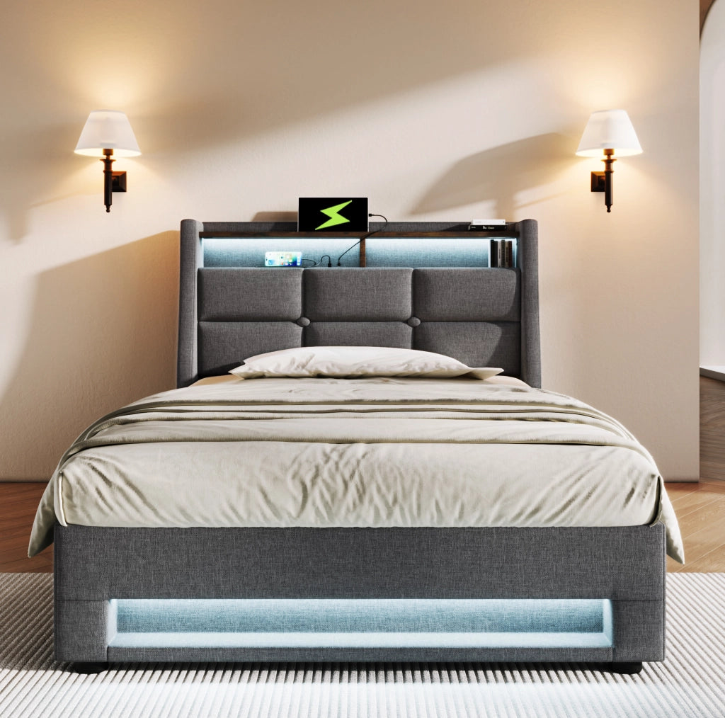 Letto imbottito 90x200 cm con LED, USB e vano contenitore