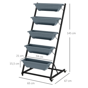 Fioriera a 4 livelli in acciaio grigio con vasi in plastica, design salvaspazio per interno ed esterno