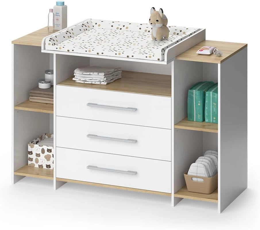 Fasciatoio Oskar, Rovere bianco/dorato, 143.2 x 93 cm con 3 cassetti, adatto come fasciatoio con area di appoggio estensibile
