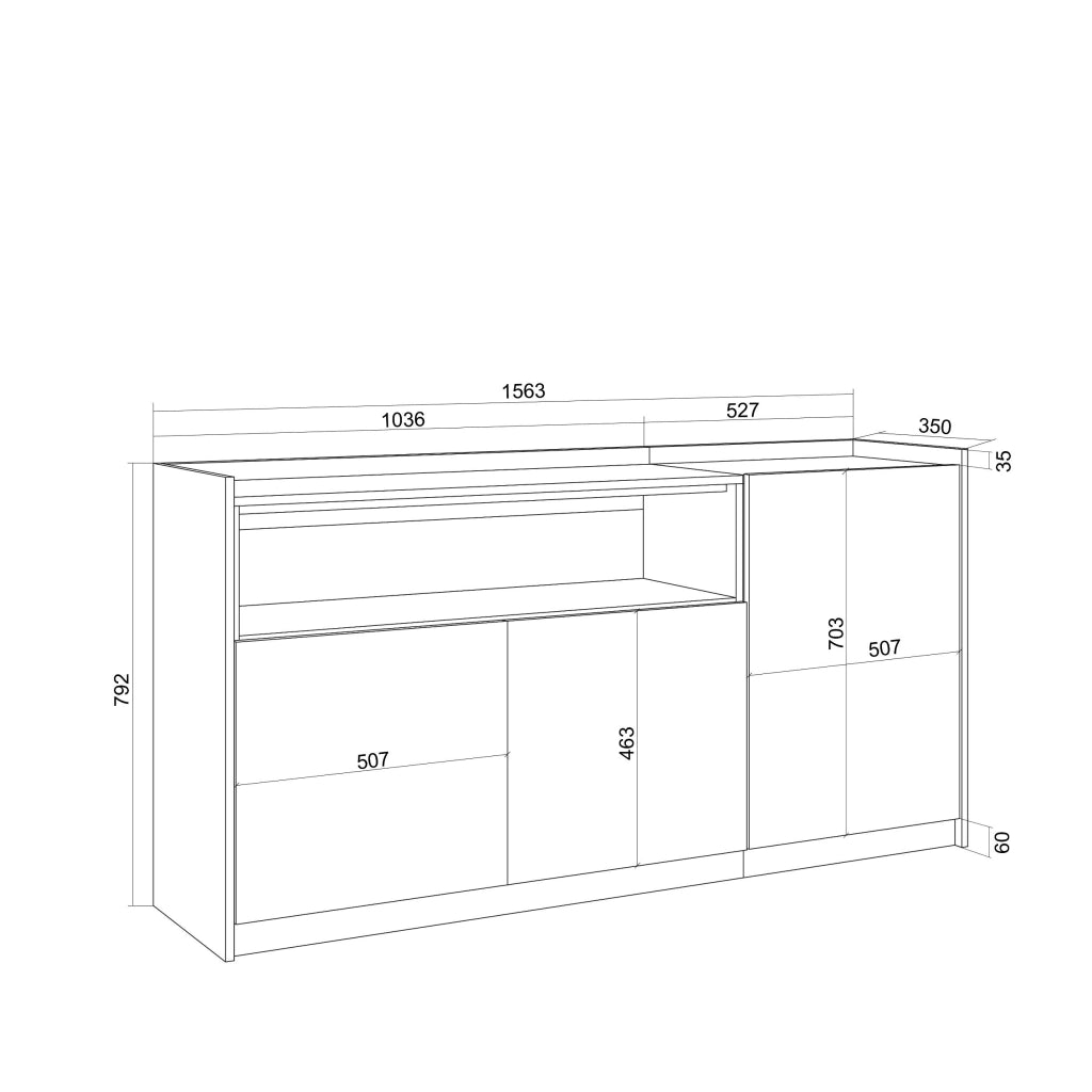 Credenza, Mobile, Cucina, 156x80x37 cm, 3 Porte, LED, Rovere scuro e Nero