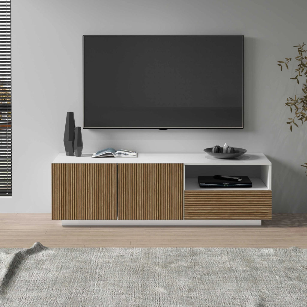WHOUS Mobile porta tv Coste a 2 ante 1 cassetto e 1 vano aperto bianco/legno chiaro 150x43x46 cm
