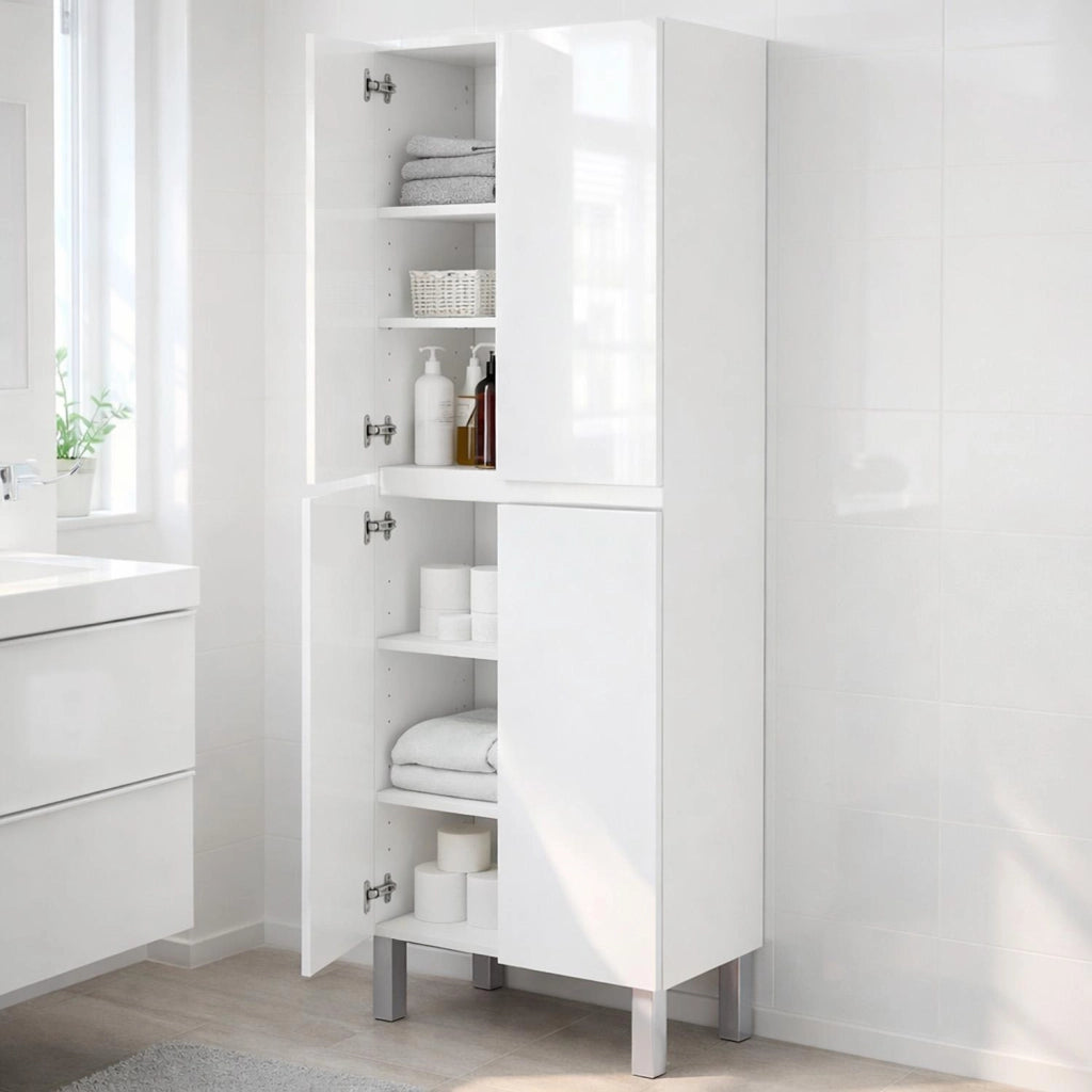 Mobile Alto Colonna Bagno 4 Ante Con Ripiani Regolabili Salvaspazio Design Moderno Elegante Ideale Per Bagno Lavanderia Ripostiglio 182 x 60 x 35 Cm Colore Bianco