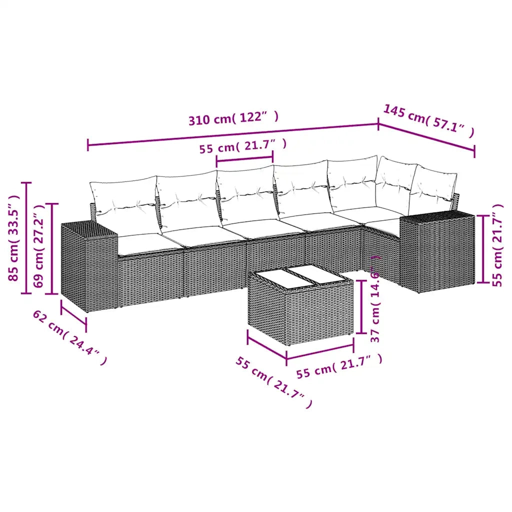 Set Divani da Giardino 7 pz con Cuscini Beige in Polyrattan 3222597