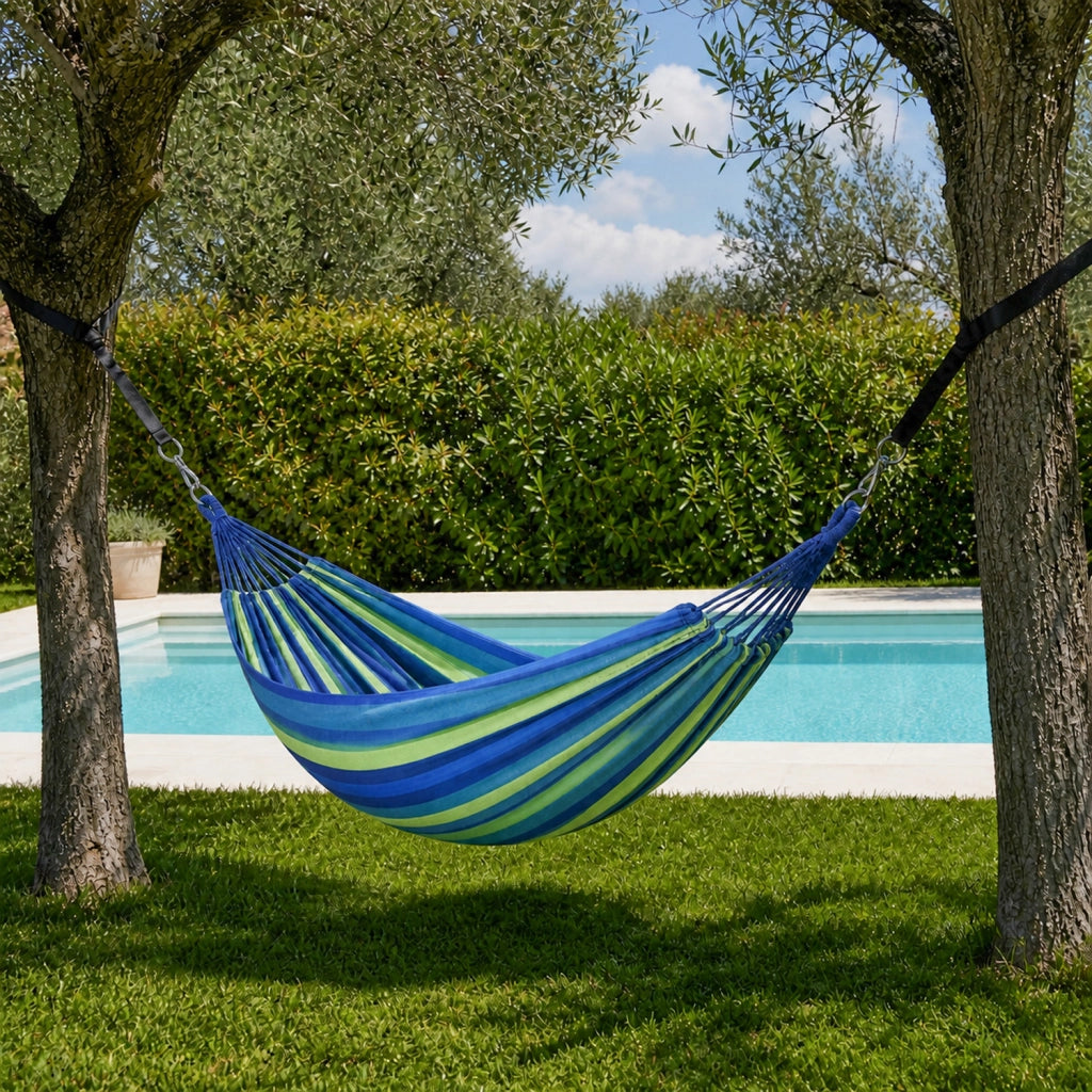 Amaca Da Campeggio E Giardino Con Custodia Trasporto Cinghie Regolabili E Ganci Moschettone Inclusi Struttura Anti Capovolgimento Cotone Rinforzato Portata 300 Kg 270 x 150 Cm Blu