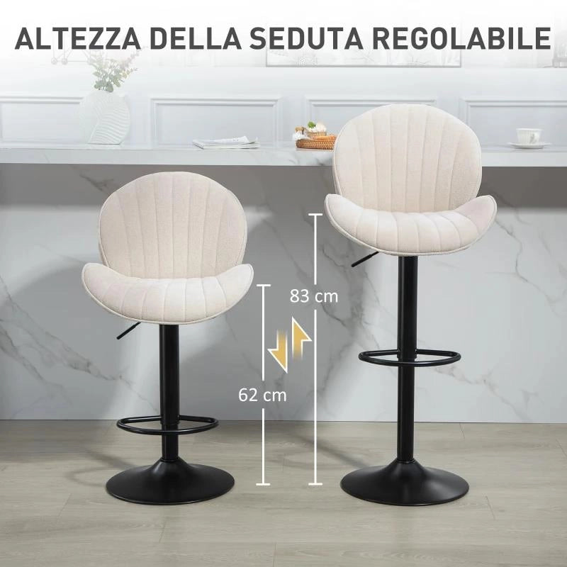 SET 2 SGABELLI DA BAR A CONCHIGLIA CON POGGIAPIEDI, IN TESSUTO EFFETTO CINIGLIA, 48X50X94-115 CM, NERO E BEIGE