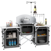 Cucina da Campeggio Pieghevole a 3 Piani con 5 Ripiani Interni e 4 Ganci, 172x48x130 cm, Grigio e Argento