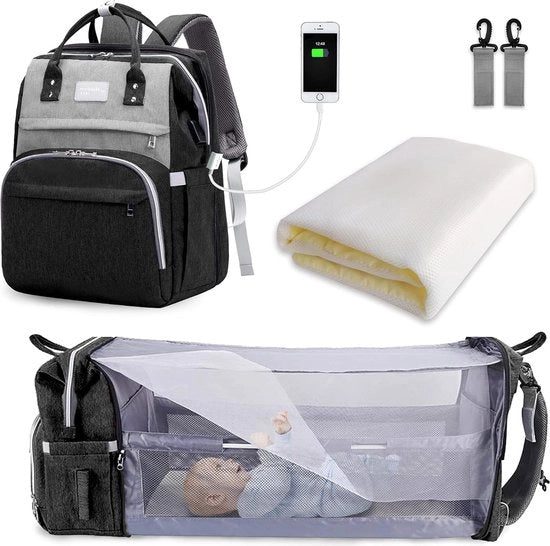 Borsa da viaggio con grande capacità, borsa da viaggio portatile con letto pieghevole, borsa da viaggio per bambini (Nero Grigio)