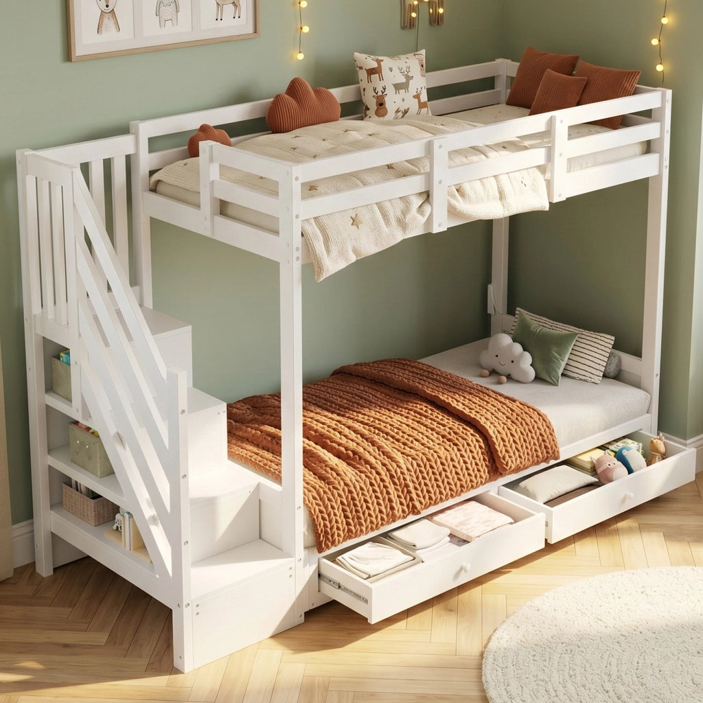 Letto a soppalco 90 × 200 cm con divano regolabile, armadio a scala e 2 cassetti, senza materasso, bianco