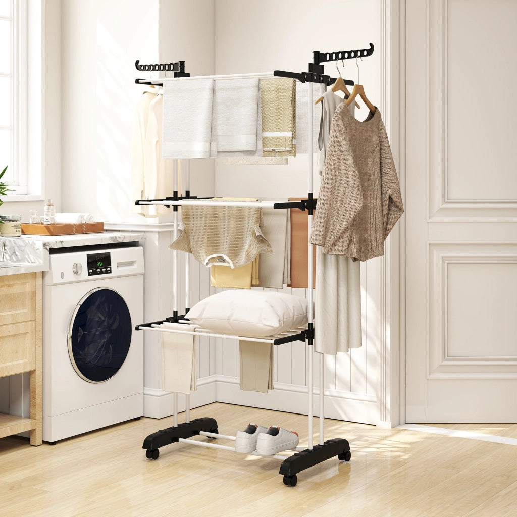 Stendibiancheria Pieghevole con Rotelle 3 Livelli ¨C zephmum ¨C 73x64x172 cm Nero e Bianco