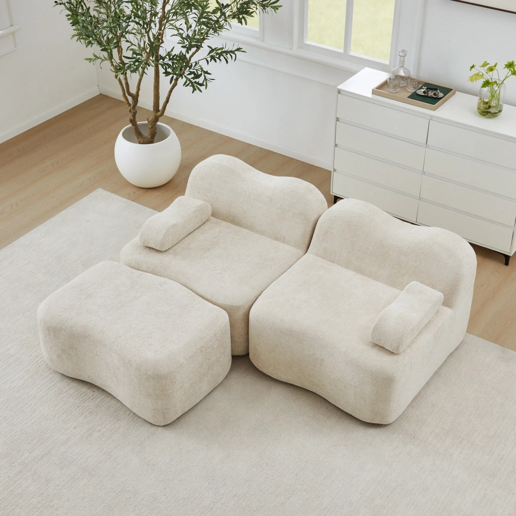 Divano angolare modulare 2 posti con pouf in velluto beige HOMVRA