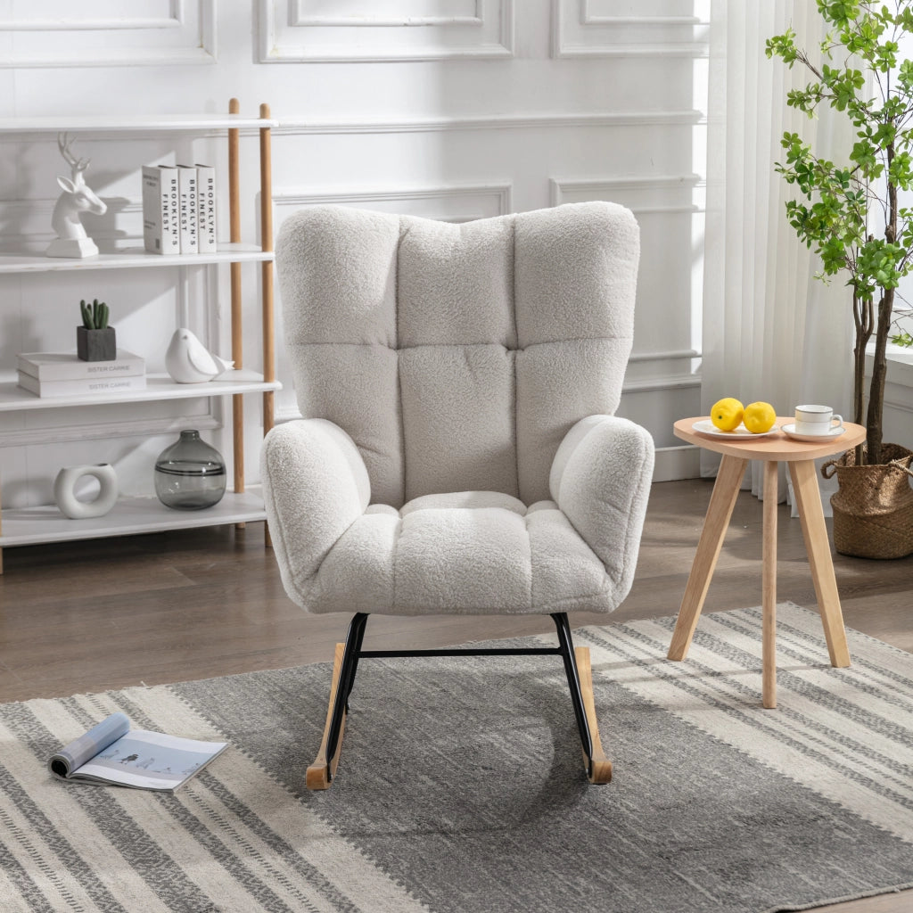 POLTRONA a dondolo 80x70x95 cm Teddy bianco con struttura in legno e metallo