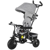 Triciclo per Bambini con Maniglione 6 in 1, Tettuccio Regolabile e Cintura di Sicurezza, Età 1-5 Anni, Grigio