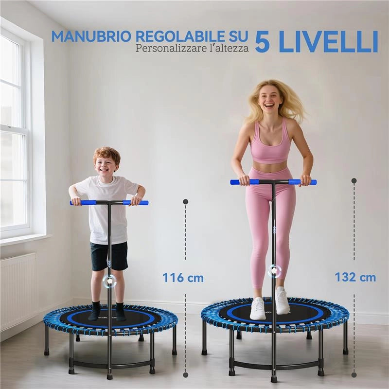 TRAMPOLINO FITNESS 145 CM CON MANUBRIO REGOLABILE SU 5 POSIZIONI, 36 MOLLE BUNGEE, CAPACITÀ 150 KG, BLU