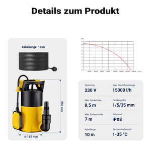 Pompa sommersa ad aspirazione piatta 3in1 850 W, portata 15000 l/h, per acque chiare e scure, con galleggiante e termoregolazione, per cantine, stagni, piscine, pozzi