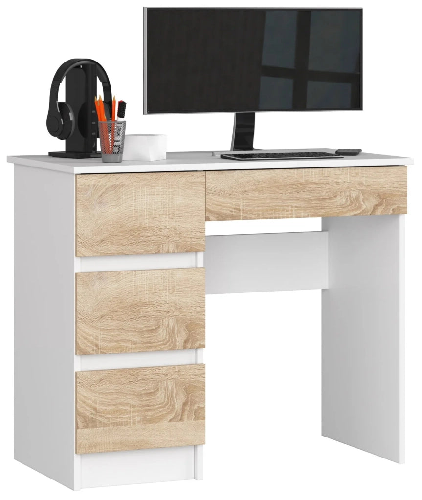 Scrivania per computer AKORD A7 Bianco 90 cm 4 cassetti inserto frontale Sonoma Quercia 90x50x77 cm Modello a sinistra