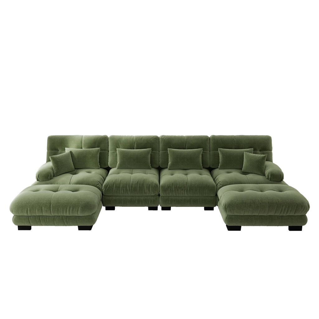 Divano Angolare a U 4 Posti con Pouf ¨C MINIMAL ¨C Chenille, Verde