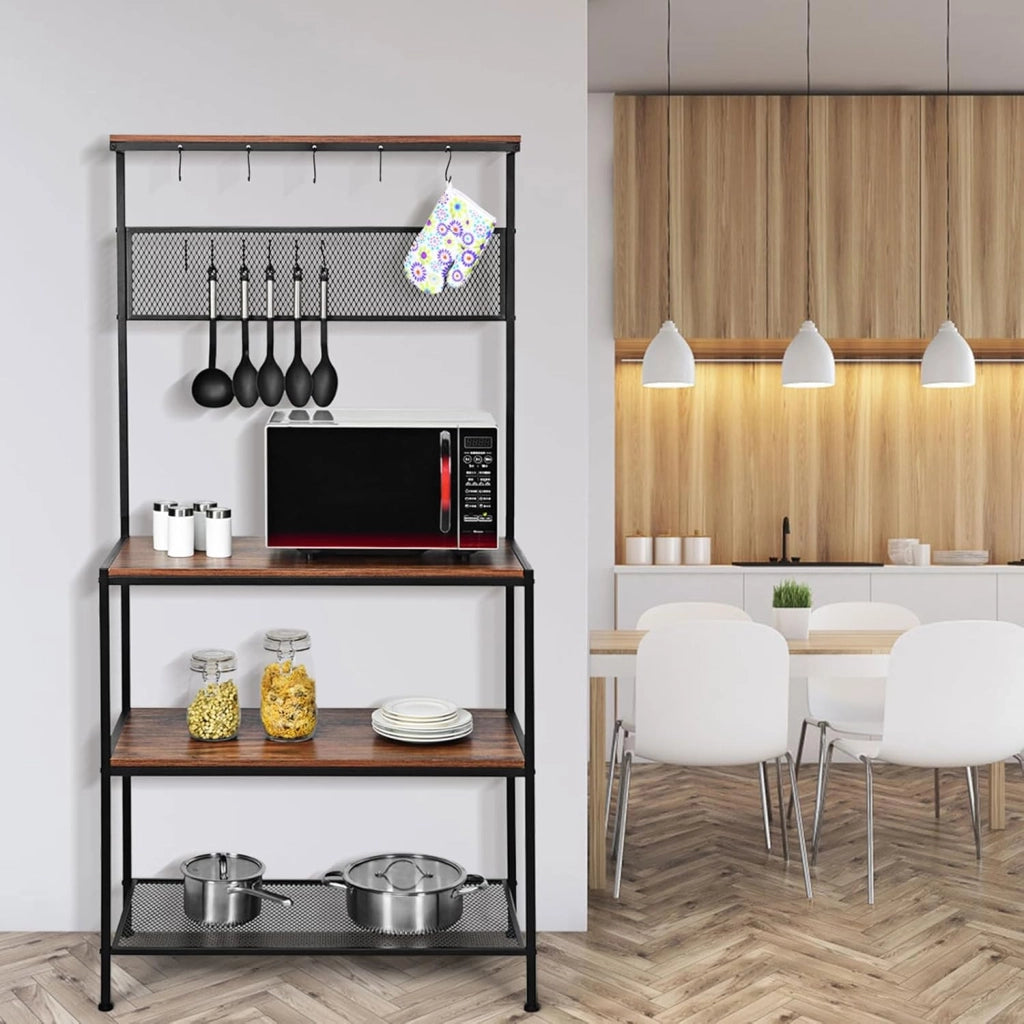 Scaffale per Panetterie con 4 Ripiani, Mobile per Microonde con 11 Ganci, per Cucina