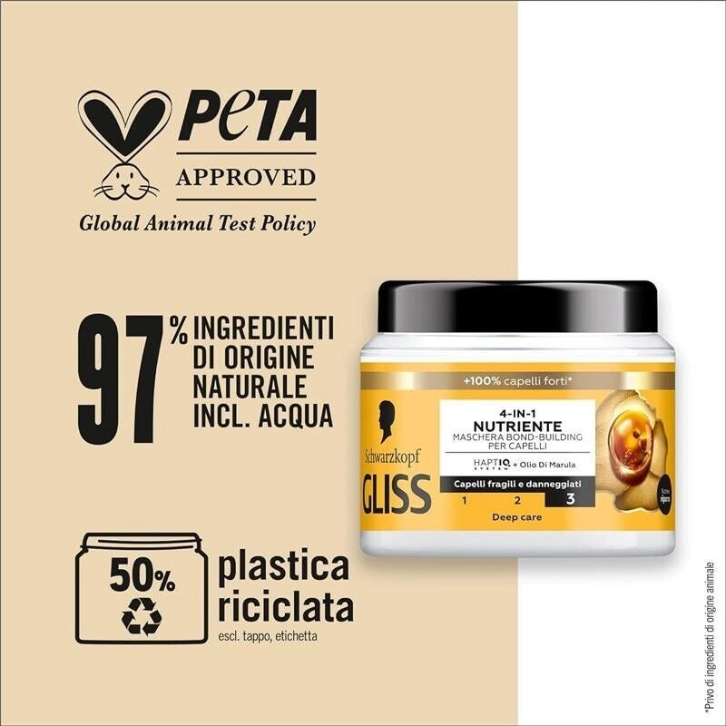 SCHWARZKOPF GLISS 4-IN-1 MASCHERA PER CAPELLI 400 ML OIL NUTRITIVE HAPTIQ SYSTEM + MARULA X CAPELLI FRAGILI E DANNEGGIATI