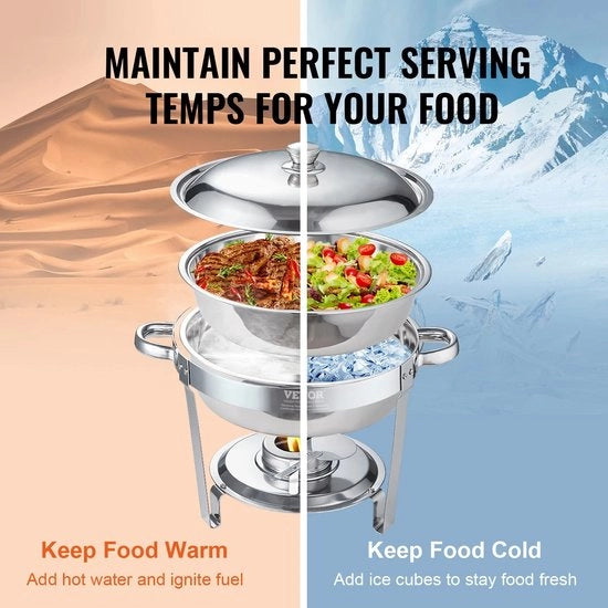 Set di piatti da buffet in acciaio inossidabile 4 pezzi con grande pentola 6 Qt, 4 contenitori rotondi, server con coperchio e pentola per acqua