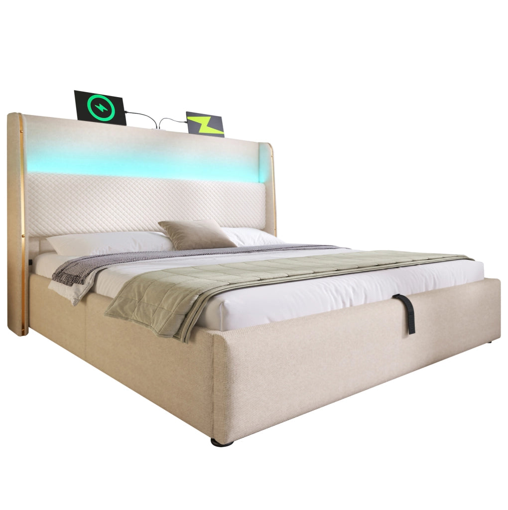 Letto matrimoniale idraulico 140x200 cm con testiera alta; LED; USB e Type-C; beige in lino