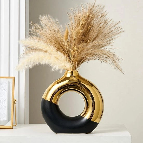 Vaso Ceramico Moderno Nero e Oro per Pampas e Fiori, 25,5 cm