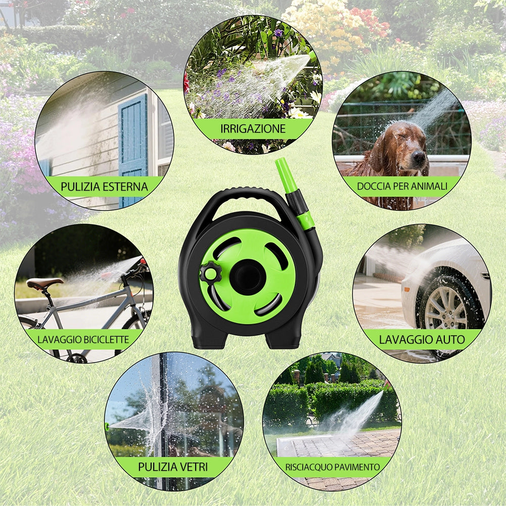 Avvolgitubo da Giardino con Tubo in PVC da 12 Metri e Annaffiatoio 2 Connettori