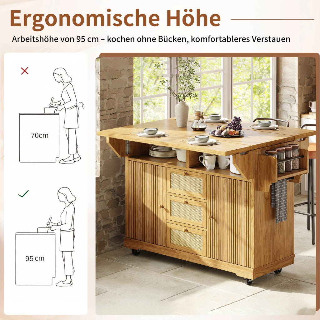 CARRELLO da Cucina Pieghevole 142,5x80x95 cm MDF Naturale con Cassetti in PE Rattan