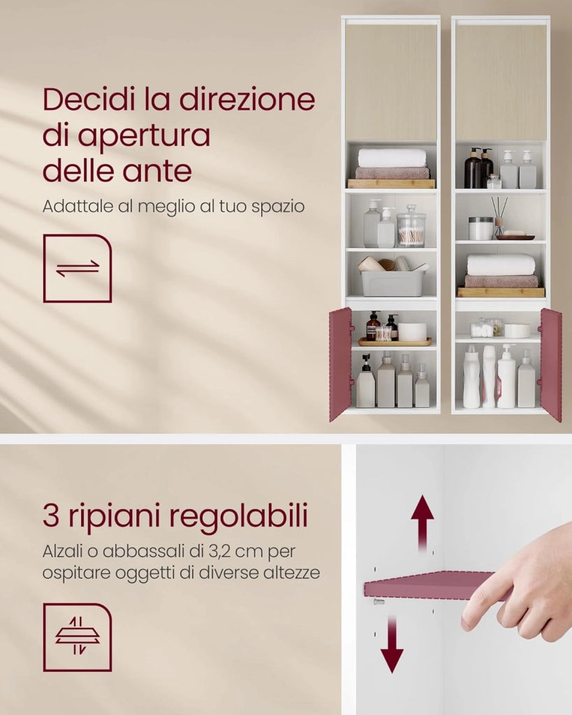 VASAGLE KAILYN Collezione - Mobiletto da Bagno, Mobile da Parete o Terra, Ante a Apertura Regolabile, 7 Scomparti, 3 Ripiani Regolabili, 30 x 40 x 160 cm, Bianco Nuvola e Beige Naturale BBK762N01