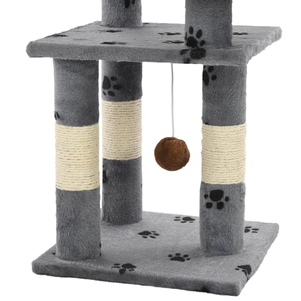 Tiragraffi albero per gatti cuccia per gatti giocattolo peluche e sisal 65 cm impronte di zampe grigio 3702057