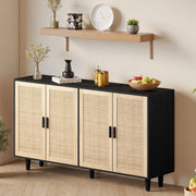 Mobile contenitore decorativo a 4 ante in rattan, 158 cm, nero, con ripiano regolabile